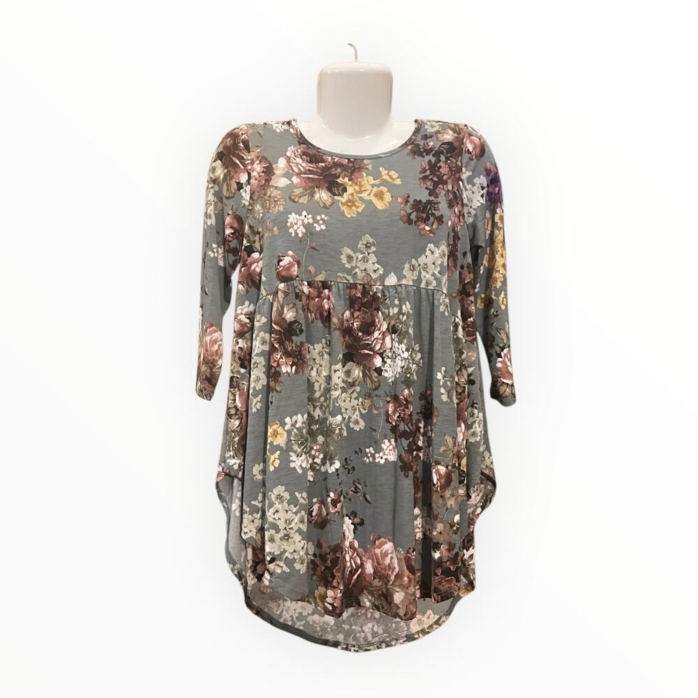 Filly Flair Women's Grey W/ Multicolor Floral Print 3/4 Sleeve Tunic Top Size S